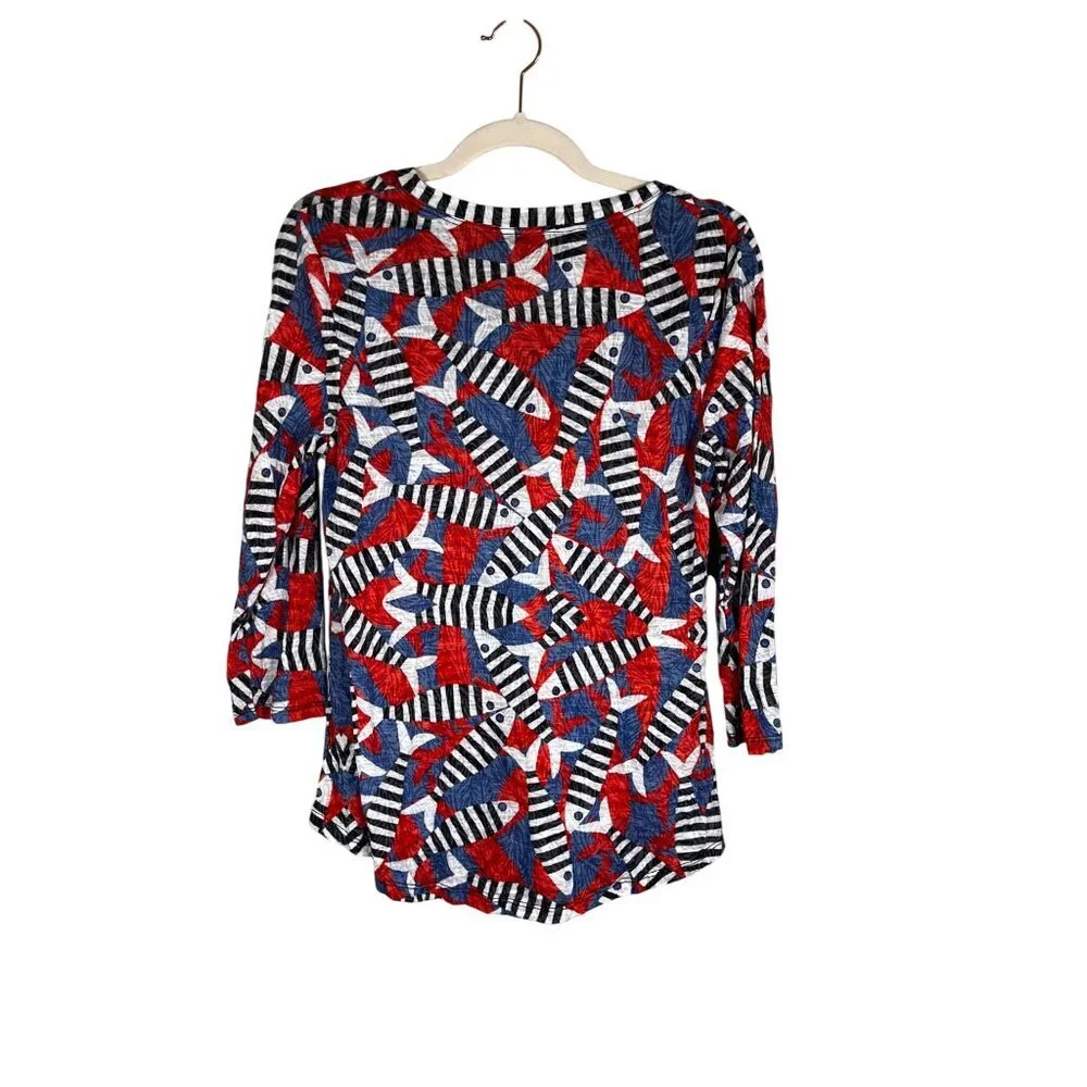 Colorful Fish Print Top Blue S Coastal Nautical Resort Preppy Striped Patriotic - Picture 2 of 7